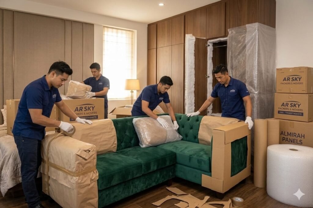 AR Sky Packers and Movers team carefully packing boxes for home shifting in Delhi Sofa Packing Home Shifting Services in Delhi