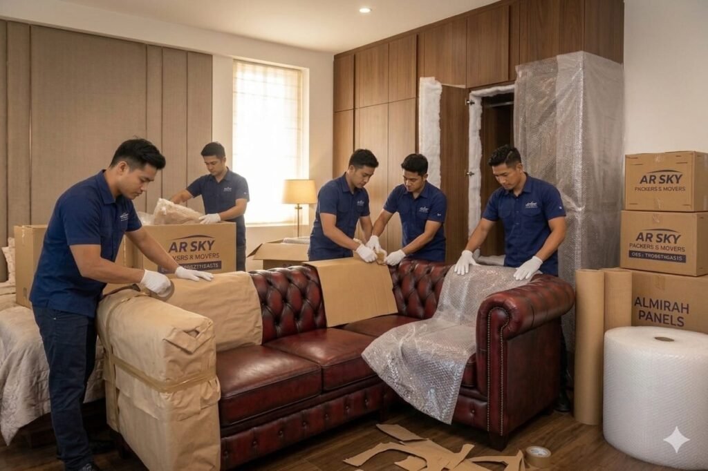 AR Sky Packers and Movers team carefully packing boxes for home shifting in Delhi Sofa packing for Sifting