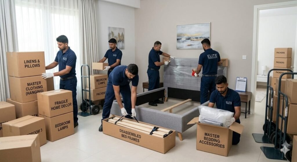 AR Sky Packers and Movers team carefully packing boxes for home shifting in Delhi Bed Packing Residential Relocation and House Moving Services in Delhi