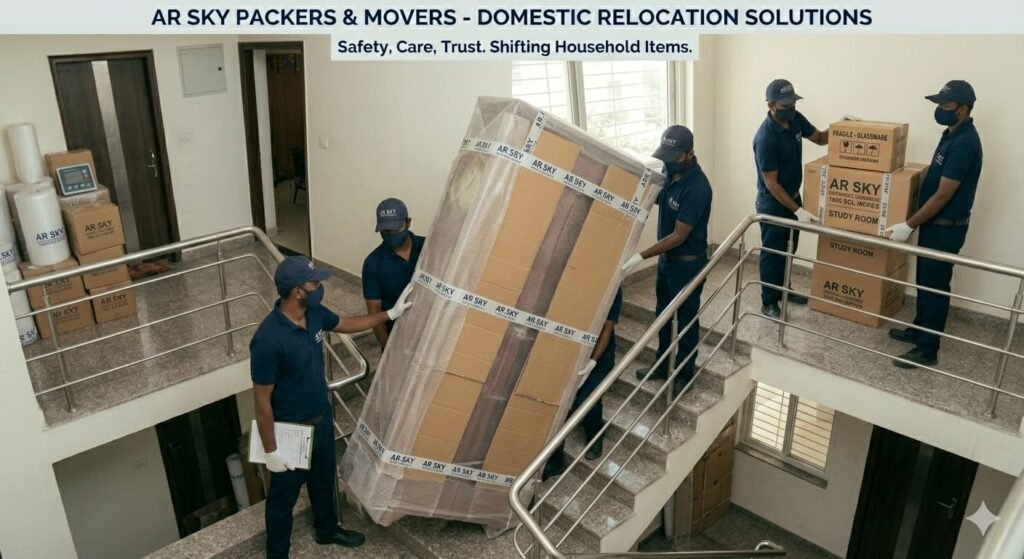 AR Sky Packers and Movers team carefully packing boxes for home shifting in Delhi Shifting Professional relocation services in Delhi after Delievery