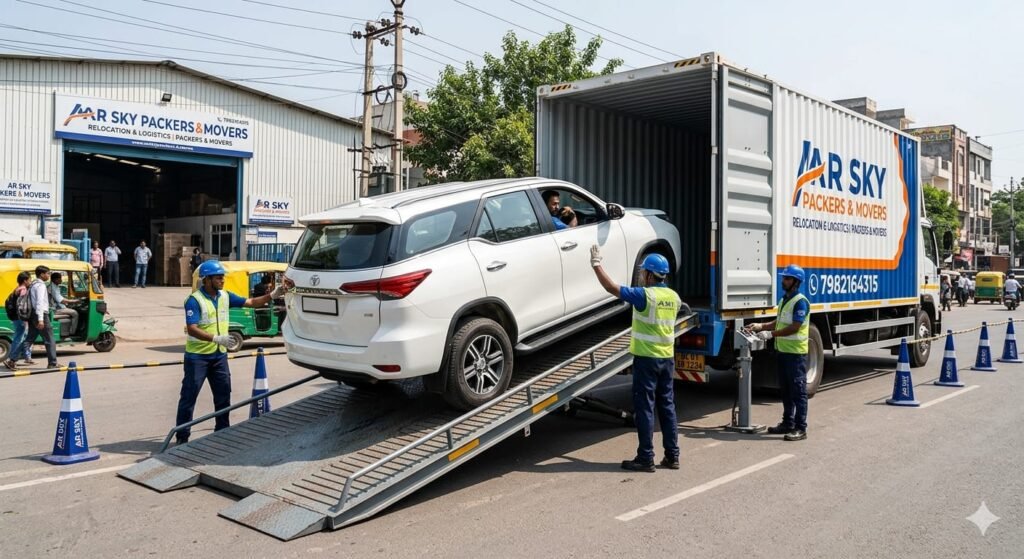 AR Sky Packers and Movers team carefully packing boxes for home shifting in Delhi Car Transport ServicesTemporary Storage Services in Delhi NCR | safe & Secure Long-Distance Shifting