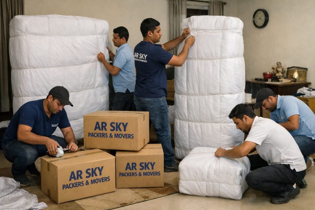 AR Sky Packers and Movers team carefully packing boxes for home shifting in Delhi Bed House hold Packing